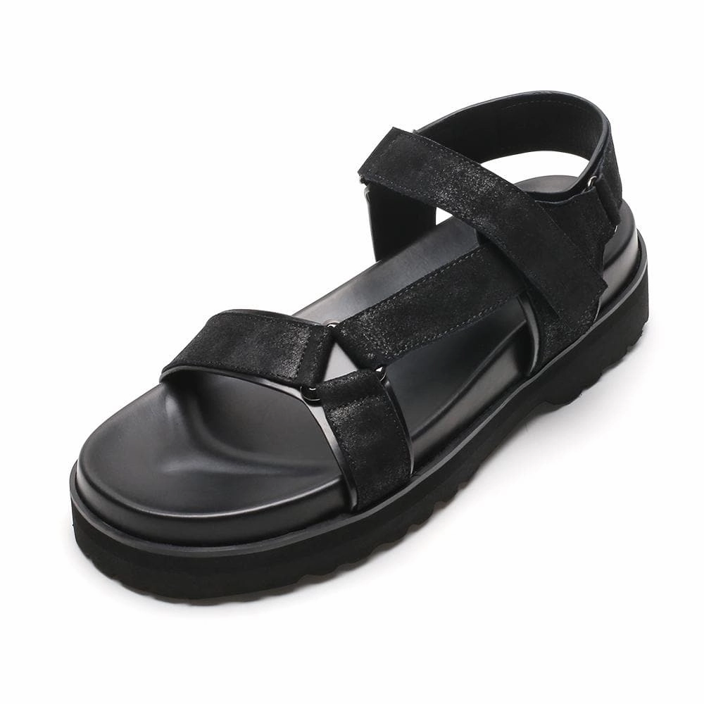 6 CM / 2.36 Inches Taller - CMR CHAMARIPA Elevator Sandals Black Leather Height Increasing Slipper Fashion Casual Slip On Elevator Shoes Flat Bottom Cycling Shoes