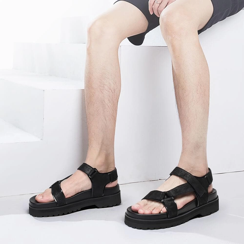 6 CM / 2.36 Inches Taller - CMR CHAMARIPA Elevator Sandals Black Leather Height Increasing Slipper Fashion Casual Slip On Elevator Shoes Flat Inserts For Shoes