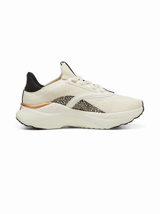 Kendall Jenner Puma Shoes .PUMA SOFTRIDE Mayve Leopard II Women's Running Shoes - WARM WHITE/GOLD/BLACK -(310494 01) - MAV - R1L3