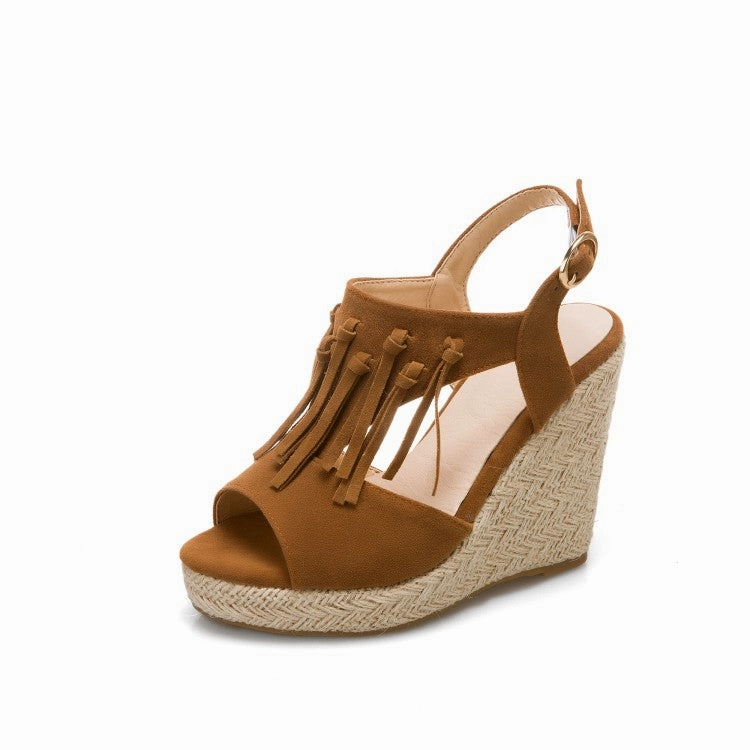Women's Solid Color Suede Peep Toe Tassel Woven Wedge Heel Platform Sandals Crocs Comfort Sandals