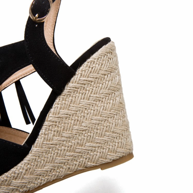 Jean And Sandals Women's Solid Color Suede Peep Toe Tassel Woven Wedge Heel Platform Sandals