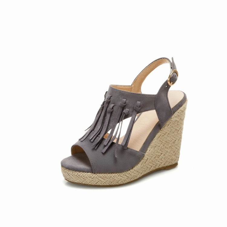 Sandals Resorts Customer Service Women's Solid Color Suede Peep Toe Tassel Woven Wedge Heel Platform Sandals