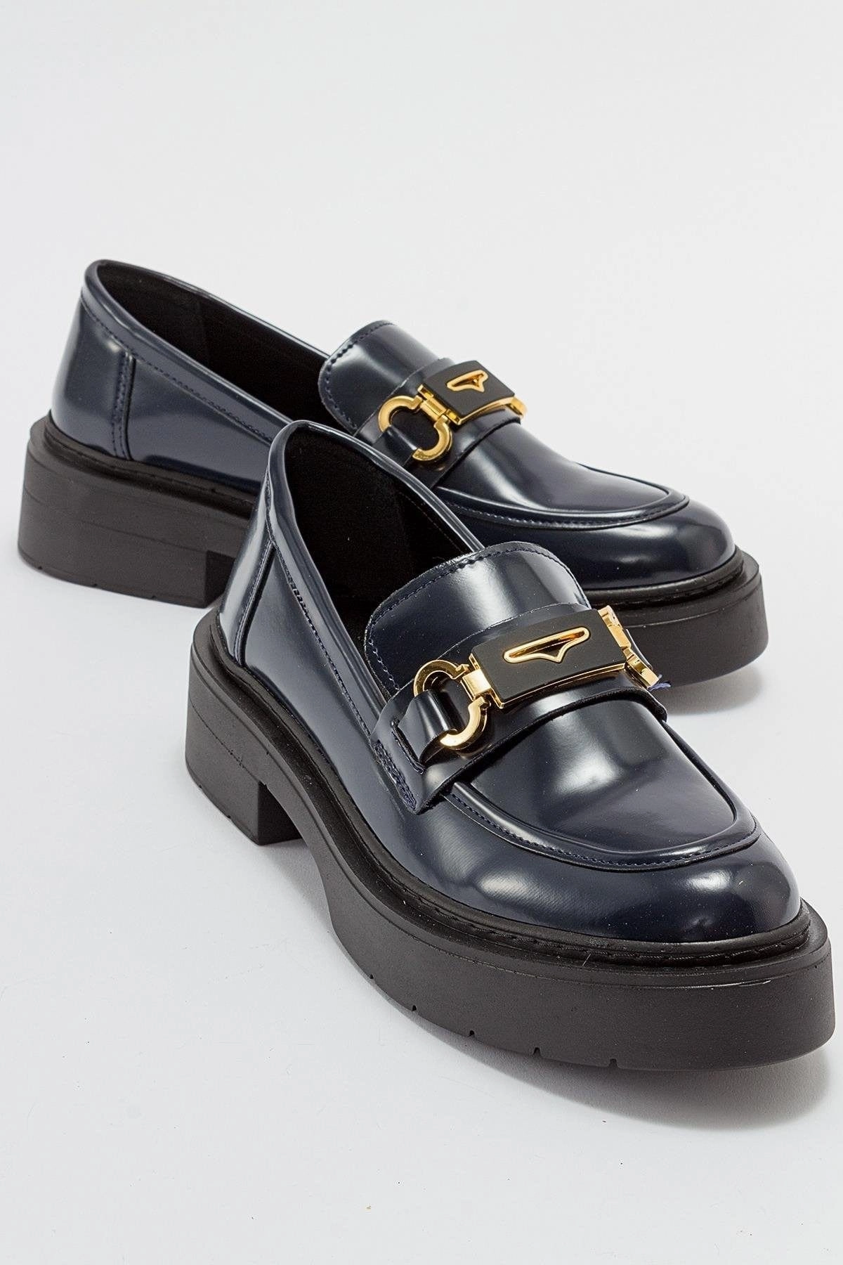Green Loafers Simone Vegan Leather Bit Platform Loafers | Navy Patent