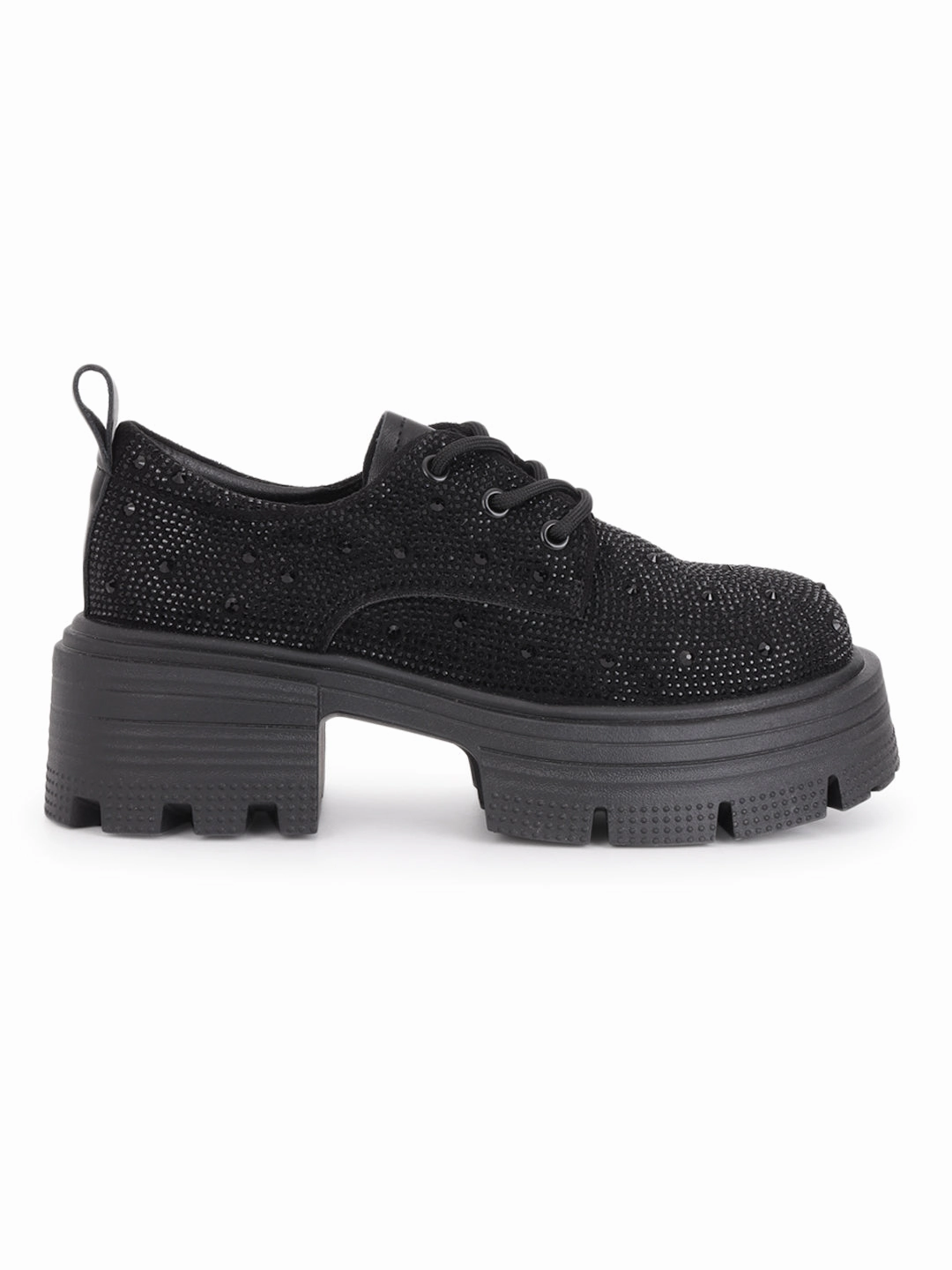 Black Diamante Embellished Lace-Up Sneakers (TC-RS3640-BLK) Casual Tennis Shoe