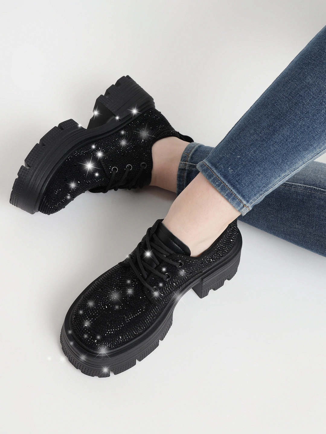 Black Diamante Embellished Lace-Up Sneakers (TC-RS3640-BLK) Black Casual Tennis Shoes