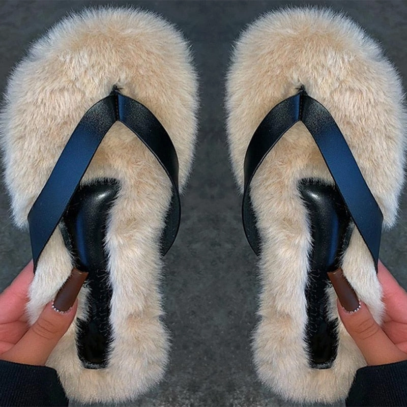 Amozae-Back to school   Women Fur Rhinestone Slippers Platform Wedges Heel Solid Fluffy Furry Slides Outside   Shoes Ladies Comfortable Female Flats Mop Slitters