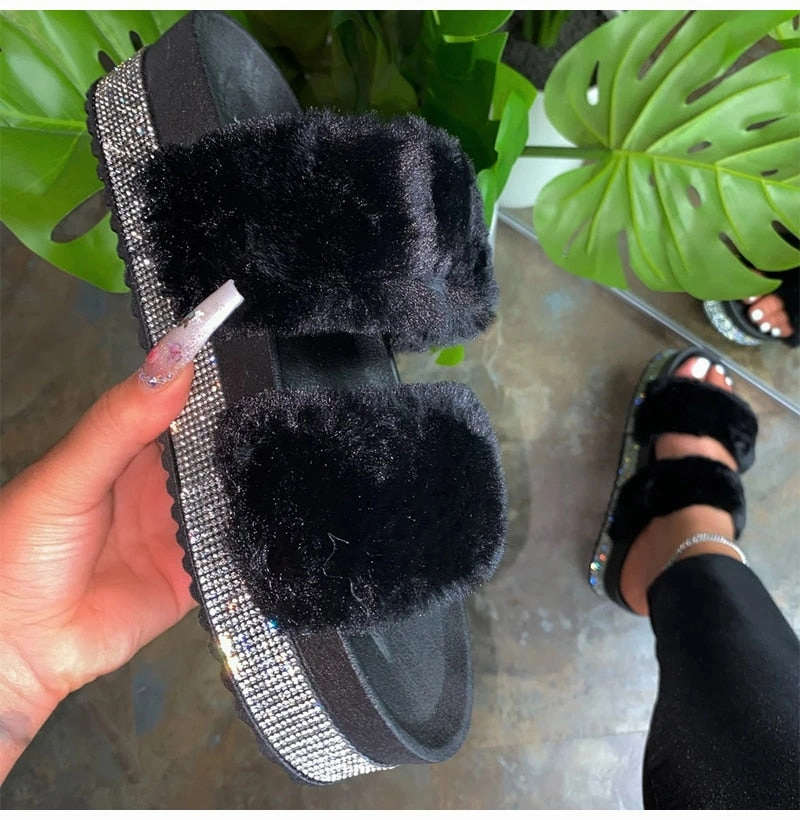 Chestnut Slippers Amozae-Back to school   Women Fur Rhinestone Slippers Platform Wedges Heel Solid Fluffy Furry Slides Outside   Shoes Ladies Comfortable Female Flats