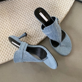Amozae-Cowboy Heeled Slippers Women Fashion Designer Sandals Female Round Head Open Toe Summer Stiletto Heel Jeans Flip Flops Women On The Go Flip Flops