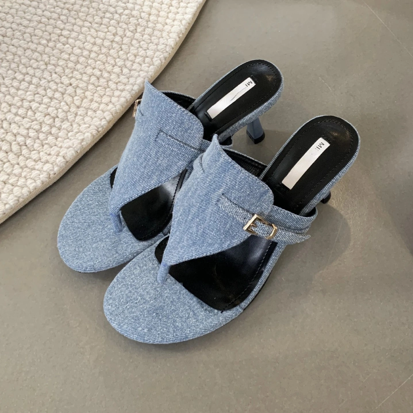 Amozae-Cowboy Heeled Slippers Women Fashion Designer Sandals Female Round Head Open Toe Summer Stiletto Heel Jeans Flip Flops Women Extra Large Flip Flops