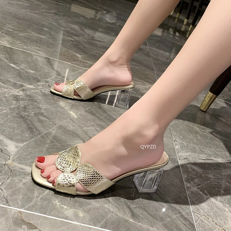 Raccoon Flip Flops Amozae-Snake Elegant Summer Women Shoes Slingback Sandals Transparent Square Heel Slip on Female Slides Size 35-40
