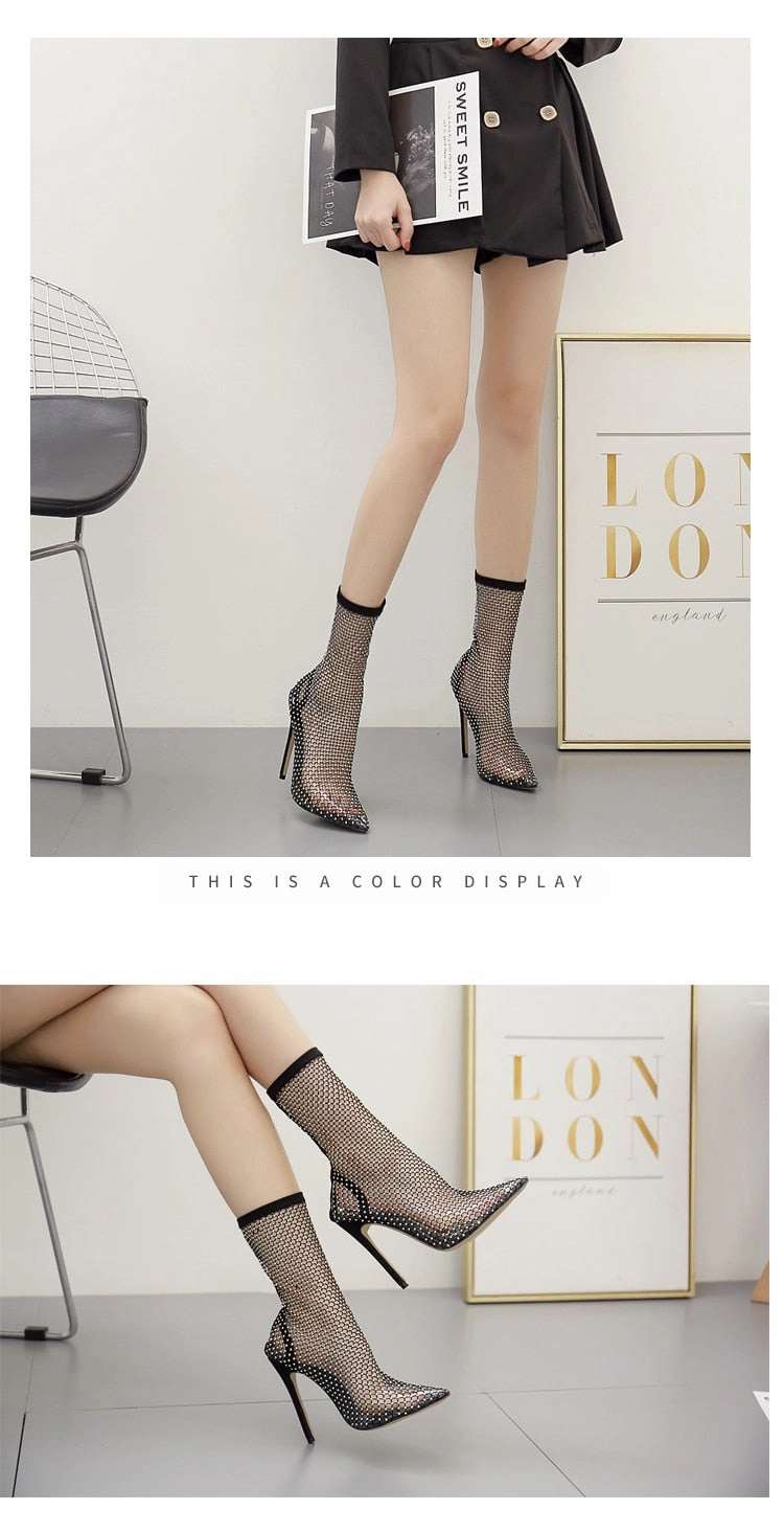 Aneikeh Summer Bling Bling Rhinestone Mesh Pointed toe Sandals Ankle Boots Stiletto High Heels Female Crystal Mesh Shoes Sandals Cowboy Boot Sandals