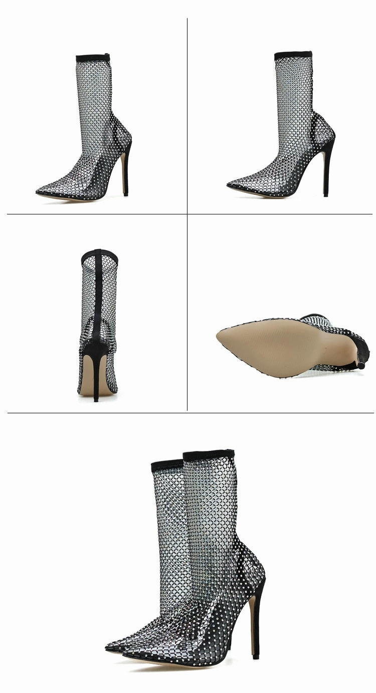 Drop Sandals Aneikeh Summer Bling Bling Rhinestone Mesh Pointed toe Sandals Ankle Boots Stiletto High Heels Female Crystal Mesh Shoes Sandals