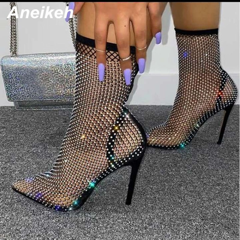 Brazil Sandals Aneikeh Summer Bling Bling Rhinestone Mesh Pointed toe Sandals Ankle Boots Stiletto High Heels Female Crystal Mesh Shoes Sandals