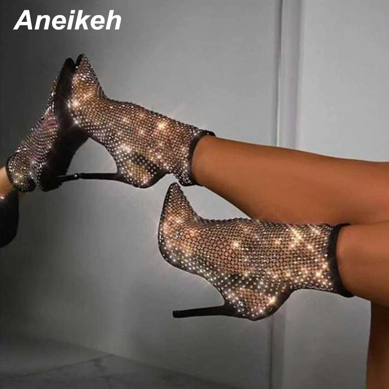 Aneikeh Summer Bling Bling Rhinestone Mesh Pointed toe Sandals Ankle Boots Stiletto High Heels Female Crystal Mesh Shoes Sandals Compare Sandals Resorts
