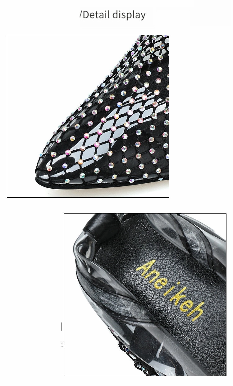 Designer Flat Sandals Aneikeh Summer Bling Bling Rhinestone Mesh Pointed toe Sandals Ankle Boots Stiletto High Heels Female Crystal Mesh Shoes Sandals