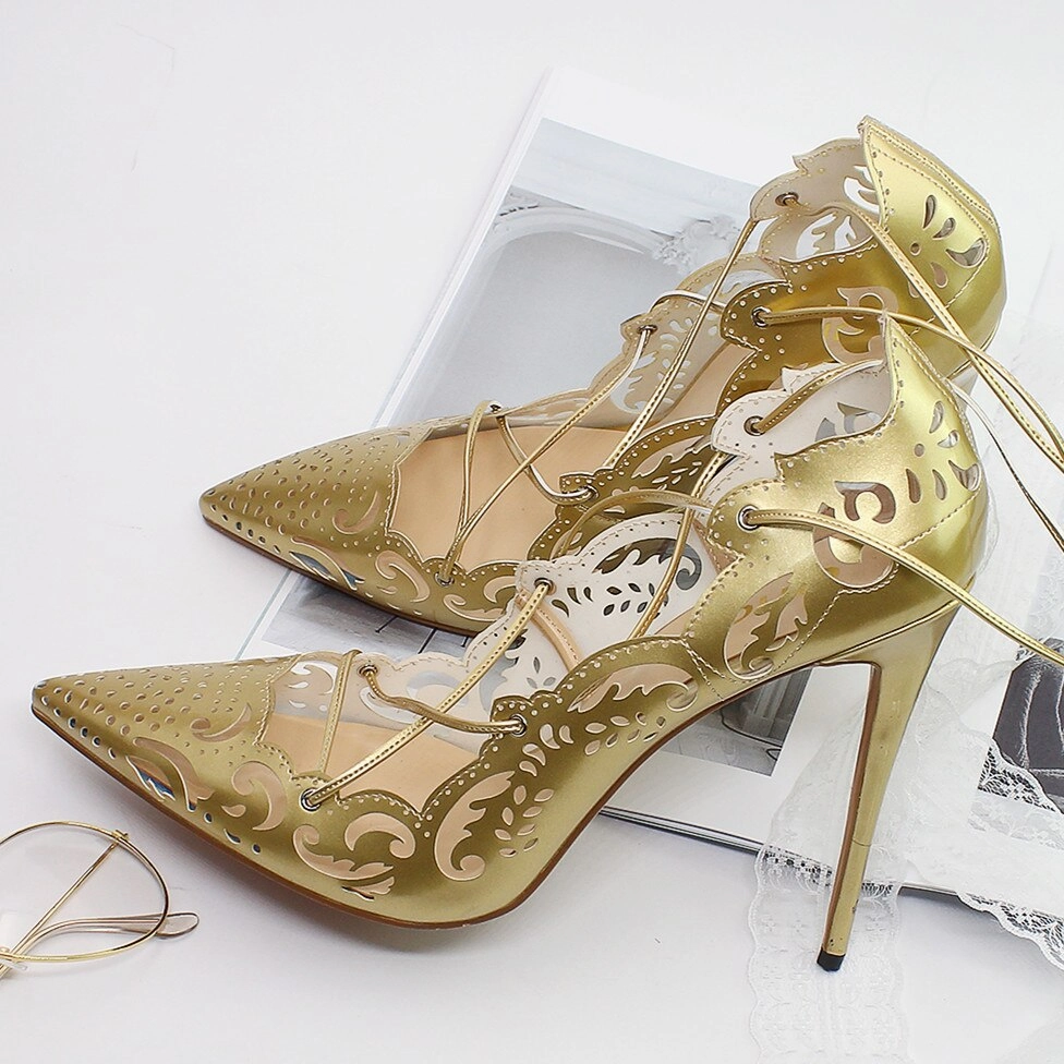 Ankle Cross Straps  Hollow Out High Heels Pointed Toe Shoes Sandals Barbados Vs Royal Barbados