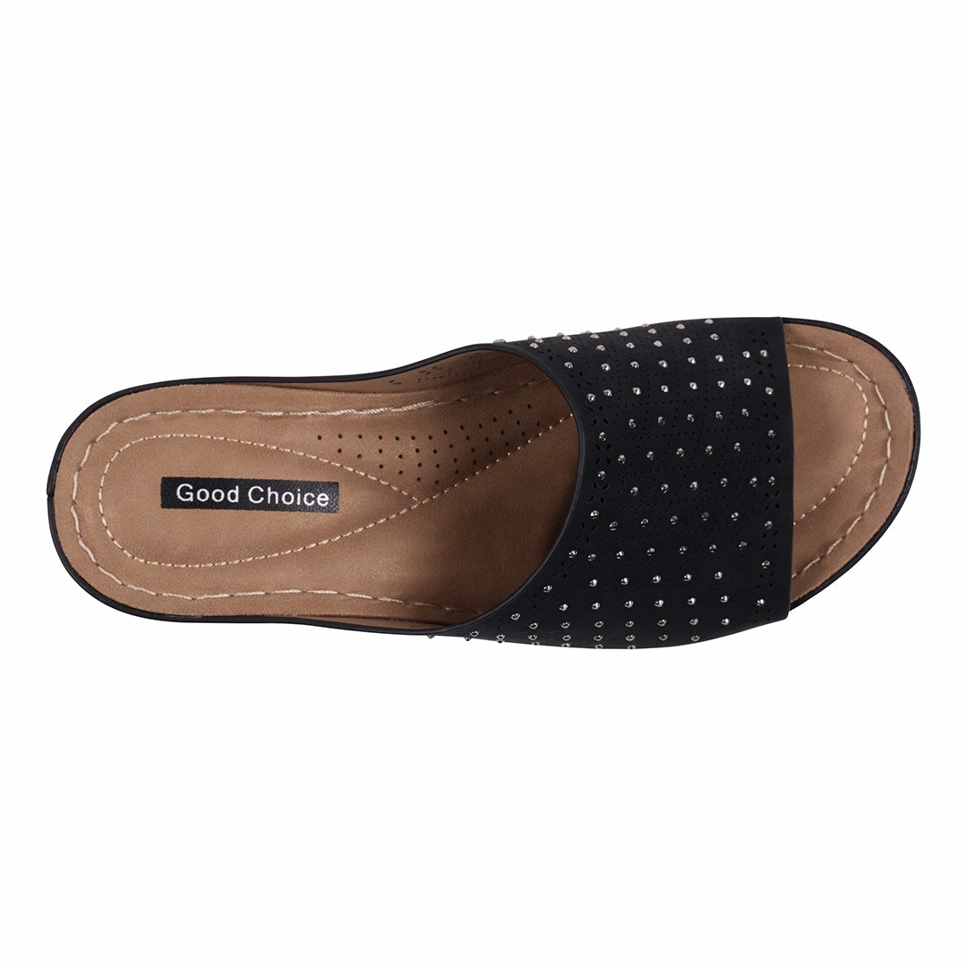 Asian Sandals Atlanta Black Studded Slip On Comfort Wedge Sandals