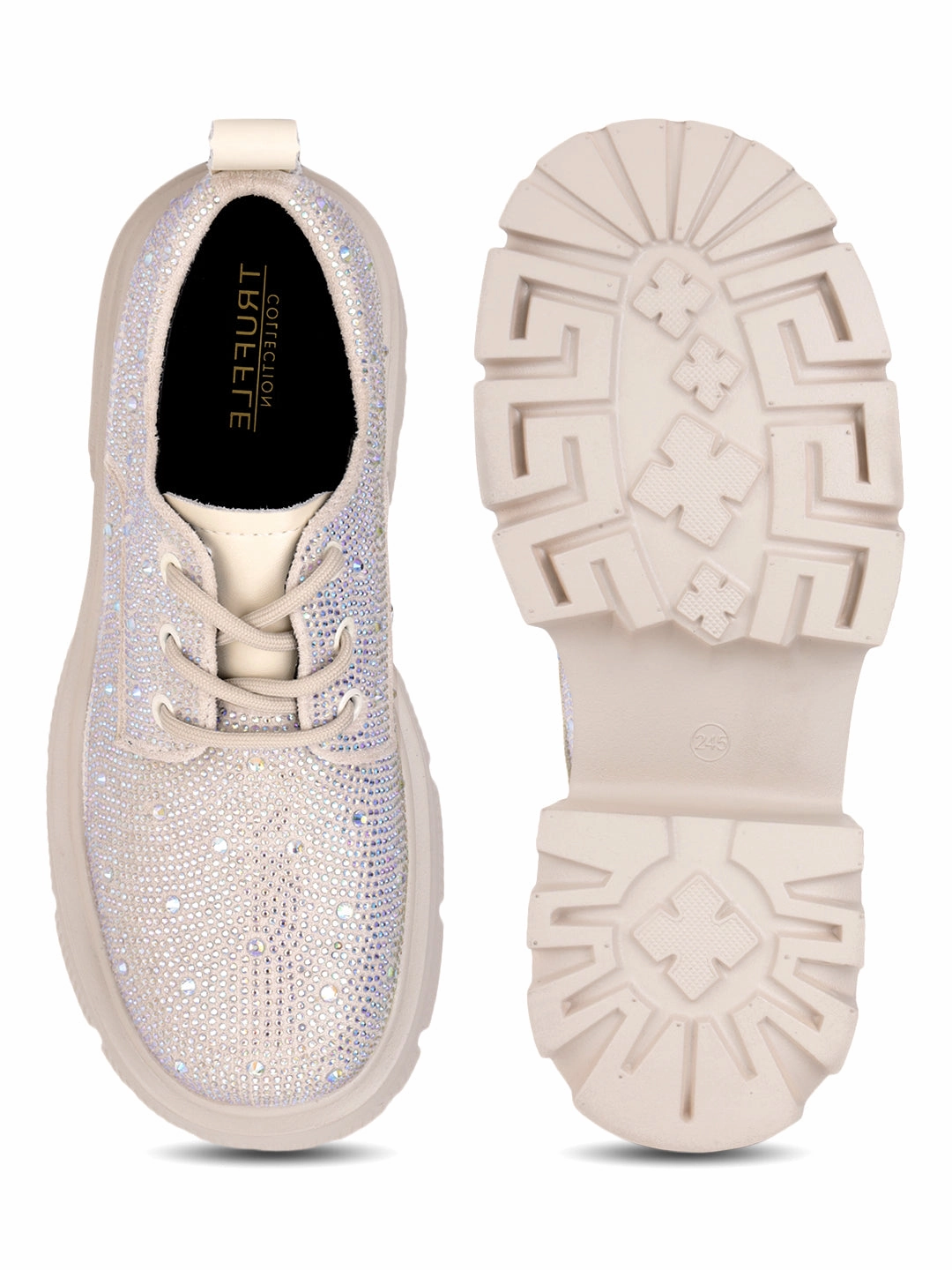Beige Diamante Embellished Lace-Up Sneakers (TC-RS3640-BEIG) Meaning Of Casual Shoes