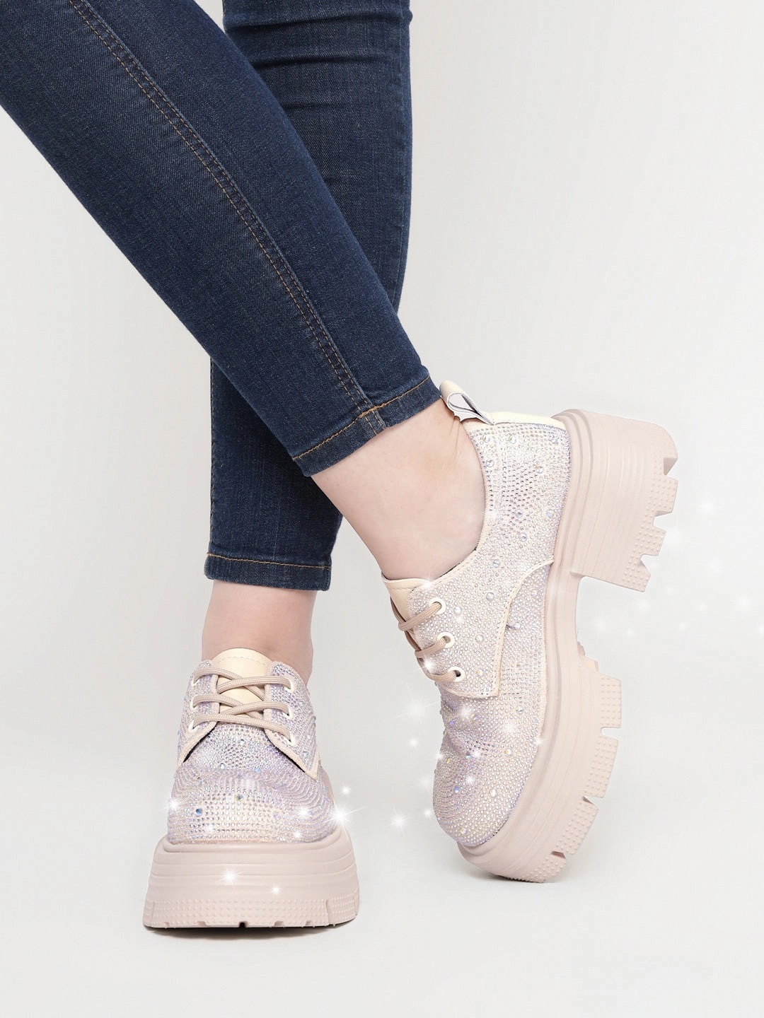 Beige Diamante Embellished Lace-Up Sneakers (TC-RS3640-BEIG) Business Casual Shoe