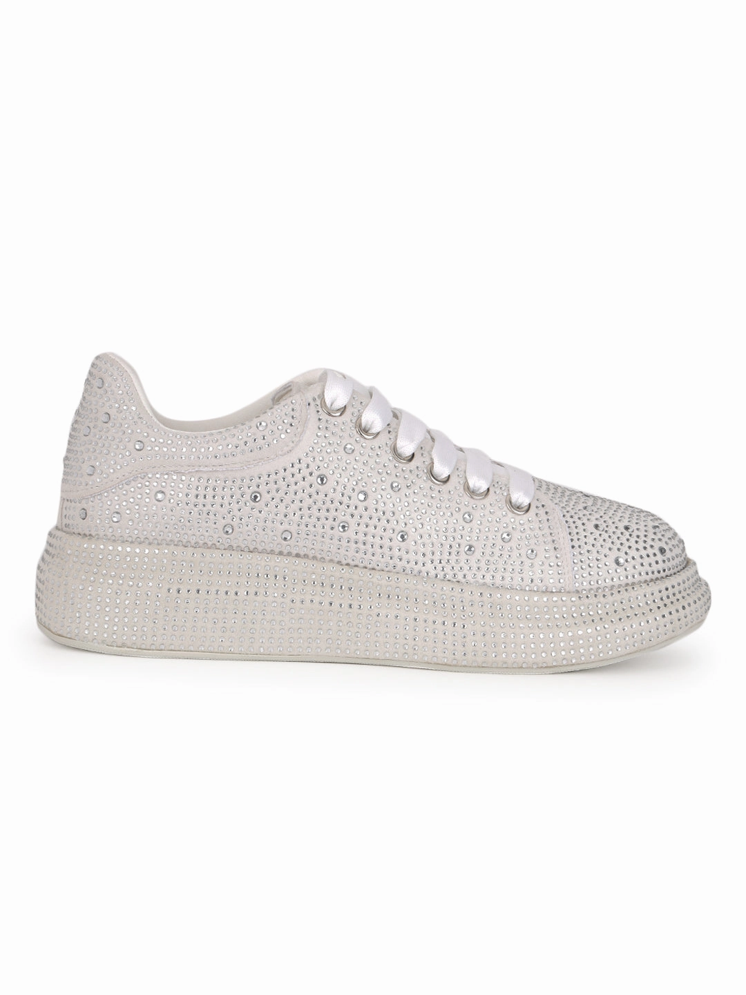 Casual Shoes That Aren't Sneakers Beige Diamante Embellished Lace-Up Sneakers (TC-RS3653-BEIG)