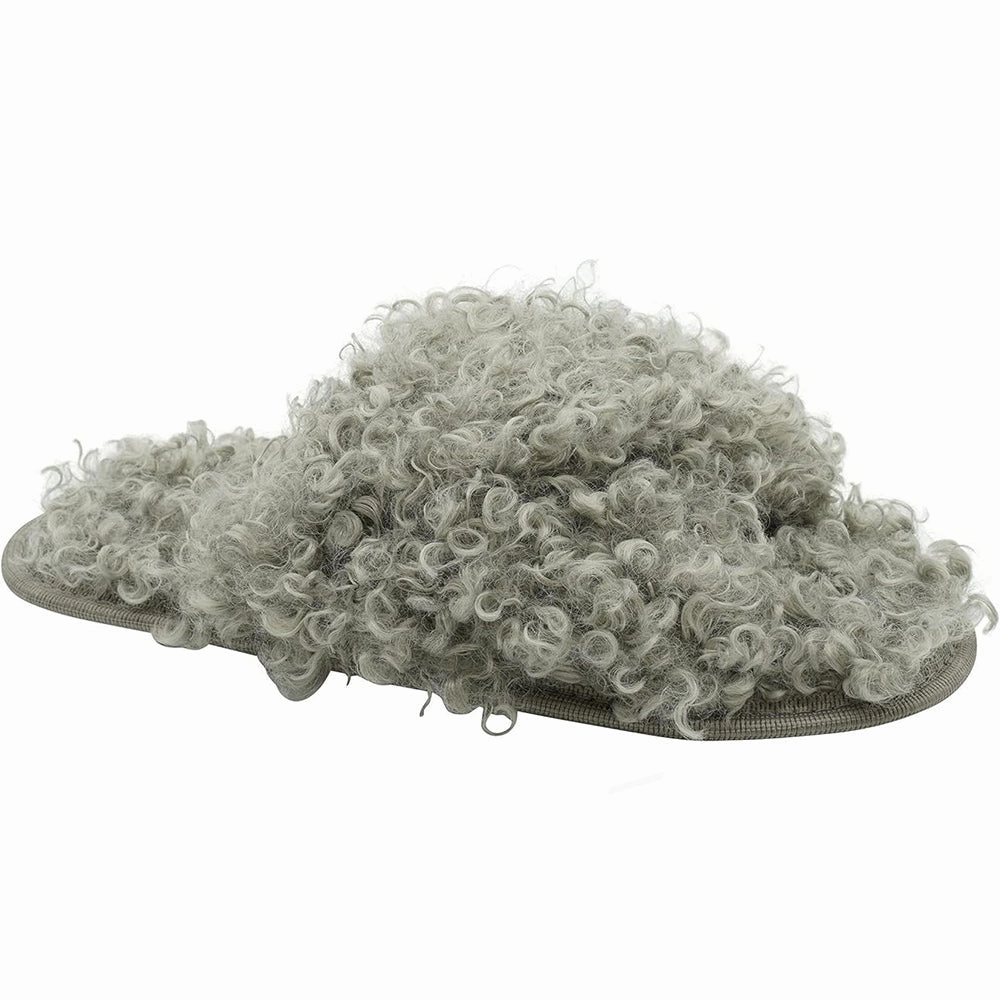 Women's curly faux fur cross over detail sliders slippers,Grey Padraig Slippers