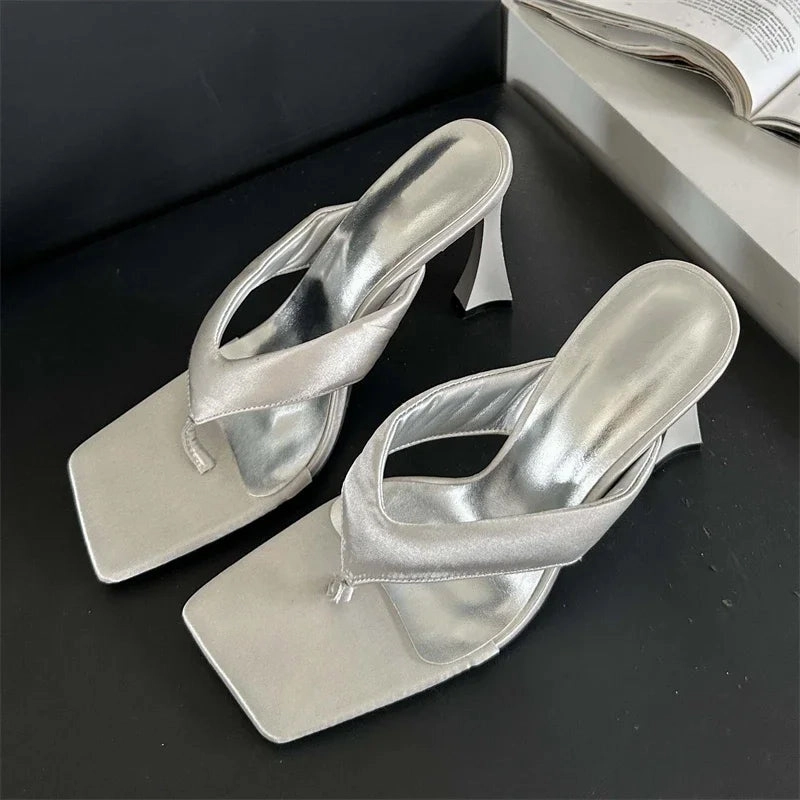 binfenxie  -  Fashion Square Clip Toe Slippers Women High Heels Party Dress Slides Shoes Summer Flip Flops Zapatos De Mujer Surf Flip Flops