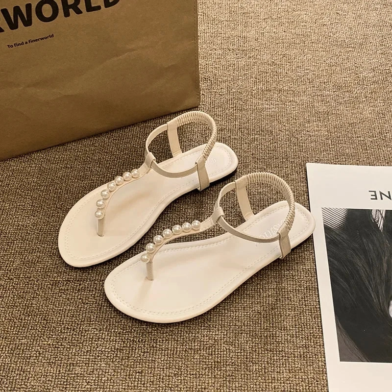 Flip Flops Elegant binfenxie  -  Pearl Flip-flops for Women Fashion Casual Summer New Designer Beach Shoes Sandals Female Solid Color Beach Shoes Slippers Ladies