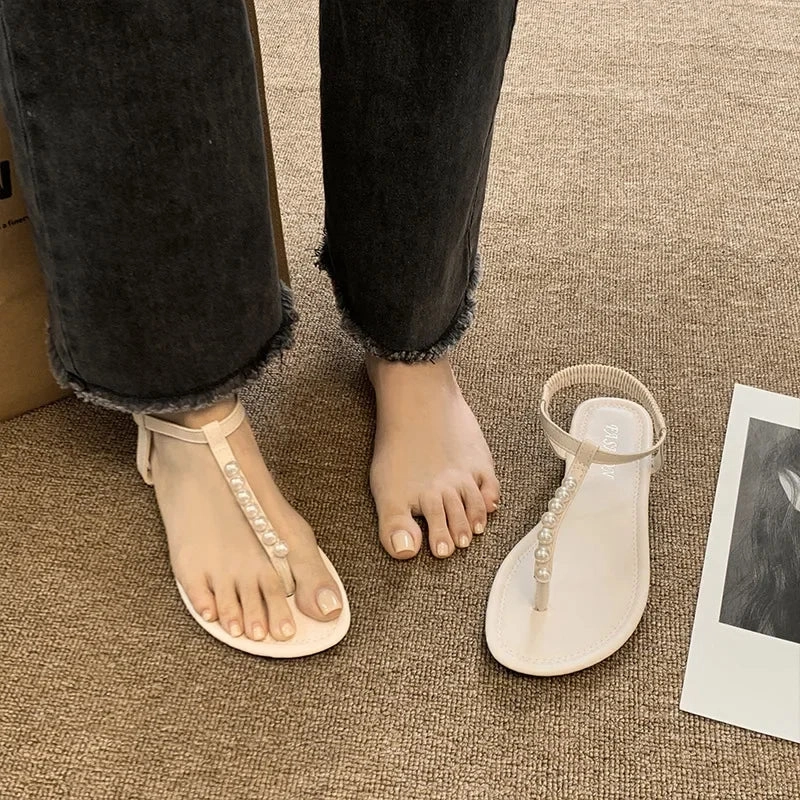 High Fashion Flip Flops binfenxie  -  Pearl Flip-flops for Women Fashion Casual Summer New Designer Beach Shoes Sandals Female Solid Color Beach Shoes Slippers Ladies