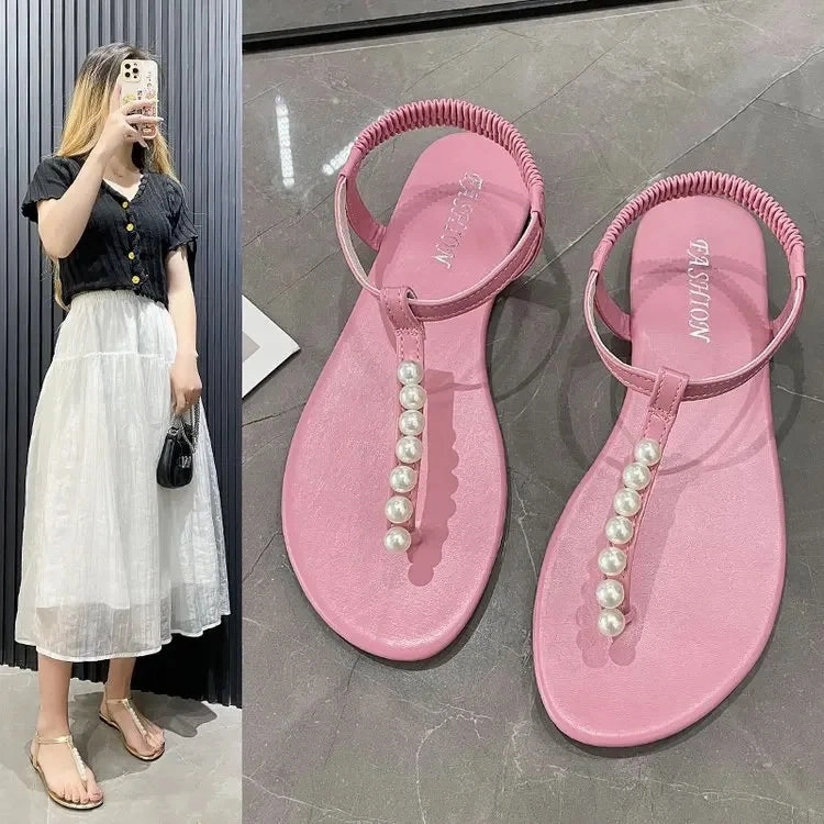 binfenxie  -  Pearl Flip-flops for Women Fashion Casual Summer New Designer Beach Shoes Sandals Female Solid Color Beach Shoes Slippers Ladies Animal Rescue Flip Flops