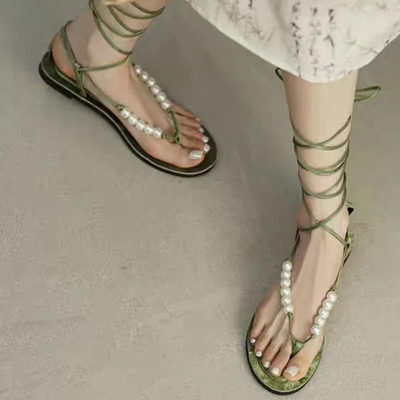 binfenxie  -  Rome Clip Toe Sandals Women Beaded Flats Shoes 2024 Fashion New Summer Slippers Designer Trend Casual Dress Female Flip Flops Pretty Little Thing Flip Flops