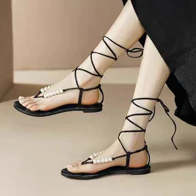 Wedge Heel Flip Flops binfenxie  -  Rome Clip Toe Sandals Women Beaded Flats Shoes 2024 Fashion New Summer Slippers Designer Trend Casual Dress Female Flip Flops