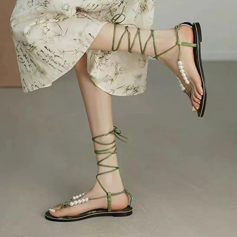 Bounce Flip Flops binfenxie  -  Rome Clip Toe Sandals Women Beaded Flats Shoes 2024 Fashion New Summer Slippers Designer Trend Casual Dress Female Flip Flops