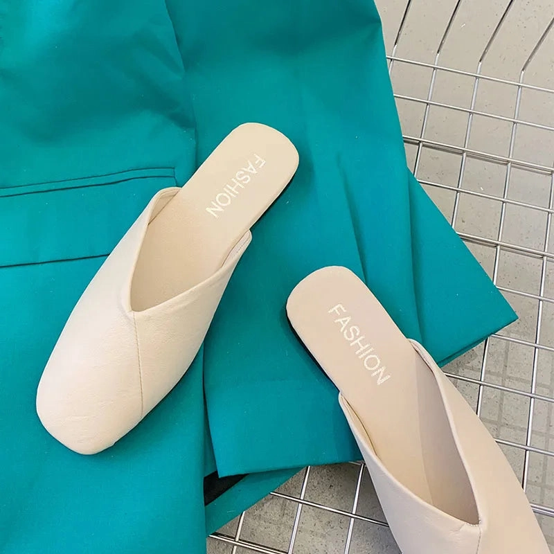 Unicorn Flats Shoes binfenxie  -  Women Mules 2024 Summer Elegant Square Closed Toe Flat Slippers Female Shoes Casual Leather Black White Slides Plus Size 35-41