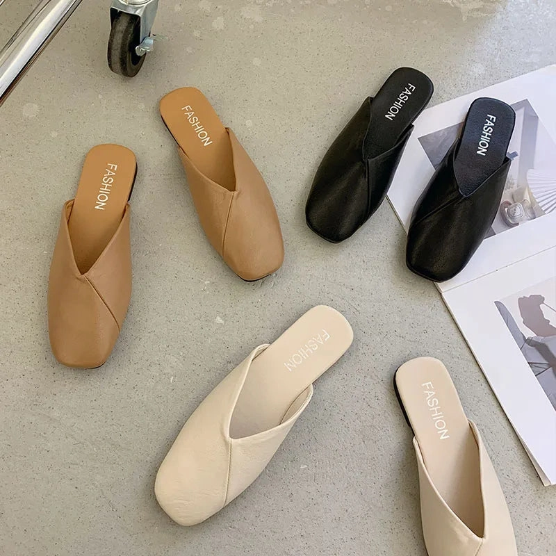 Unisa Shoes Flats binfenxie  -  Women Mules 2024 Summer Elegant Square Closed Toe Flat Slippers Female Shoes Casual Leather Black White Slides Plus Size 35-41