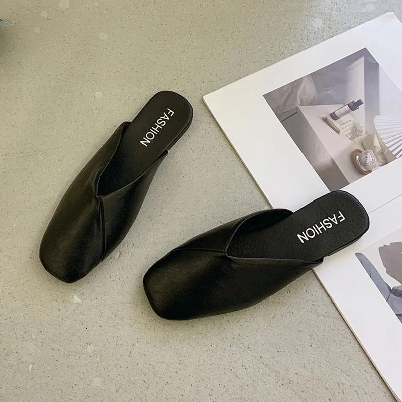 Side Cut Out Flat Shoes binfenxie  -  Women Mules 2024 Summer Elegant Square Closed Toe Flat Slippers Female Shoes Casual Leather Black White Slides Plus Size 35-41