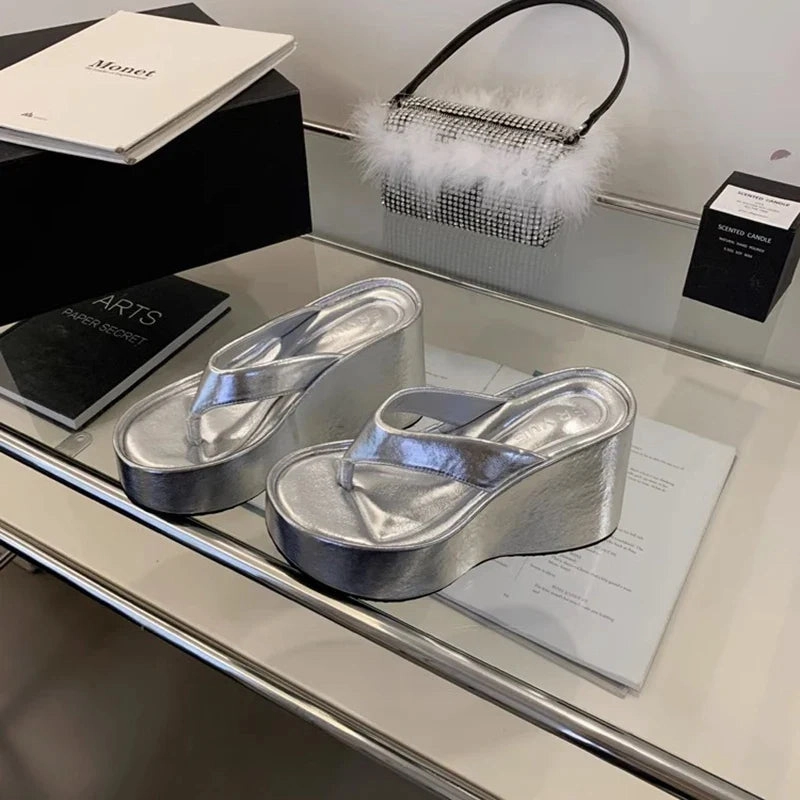 Bottega Slippers binfenxie Design Summer Chunky Woman Slippers Fashion Platform Wedges High Heel Silvery Ladies Shoes