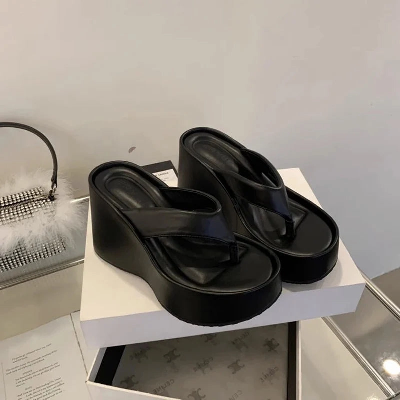 Fuzzy Slide On Slippers binfenxie Design Summer Chunky Woman Slippers Fashion Platform Wedges High Heel Silvery Ladies Shoes