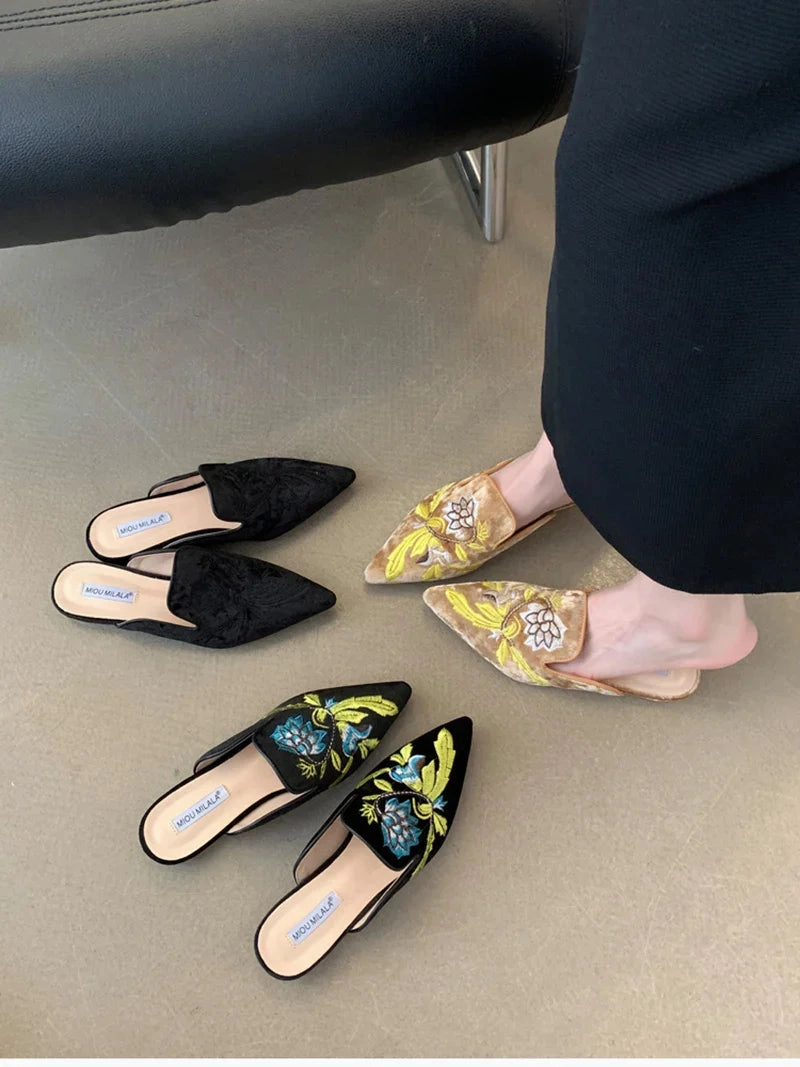 Work Slippers binfenxie Designer Women Embroidery Mules Slippers Fashion Shallow Slip On Slides Shoes Ladies Elegant Outdoor Low Heel Shoes