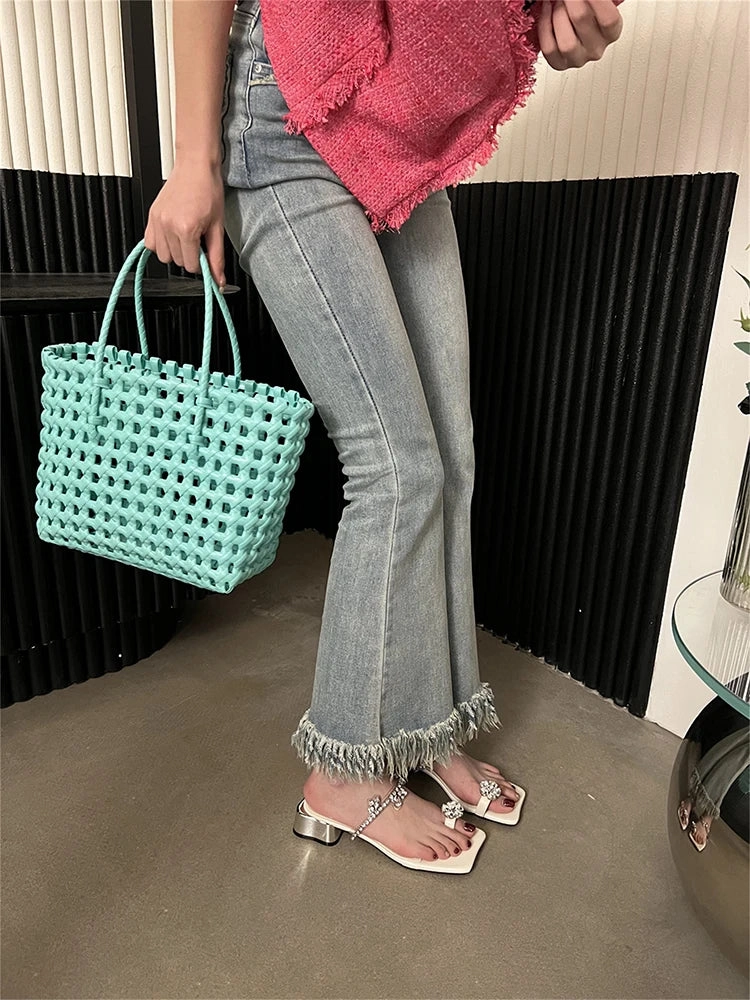 binfenxie Summers Women's Slippers Fashion Elegant Rhinestone Clip Toe Low Heel Ladies Casual Outdoor Beach Slides Sandal Flip Flop Slippers Japanese