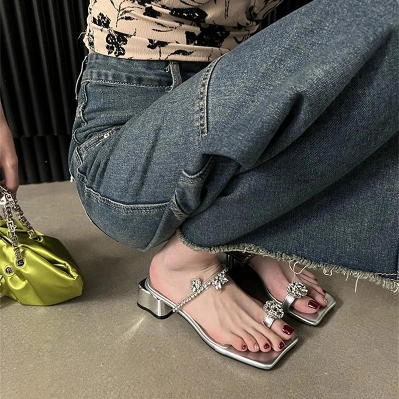 binfenxie Summers Women's Slippers Fashion Elegant Rhinestone Clip Toe Low Heel Ladies Casual Outdoor Beach Slides Sandal Flip Flop Toe Slippers Funny