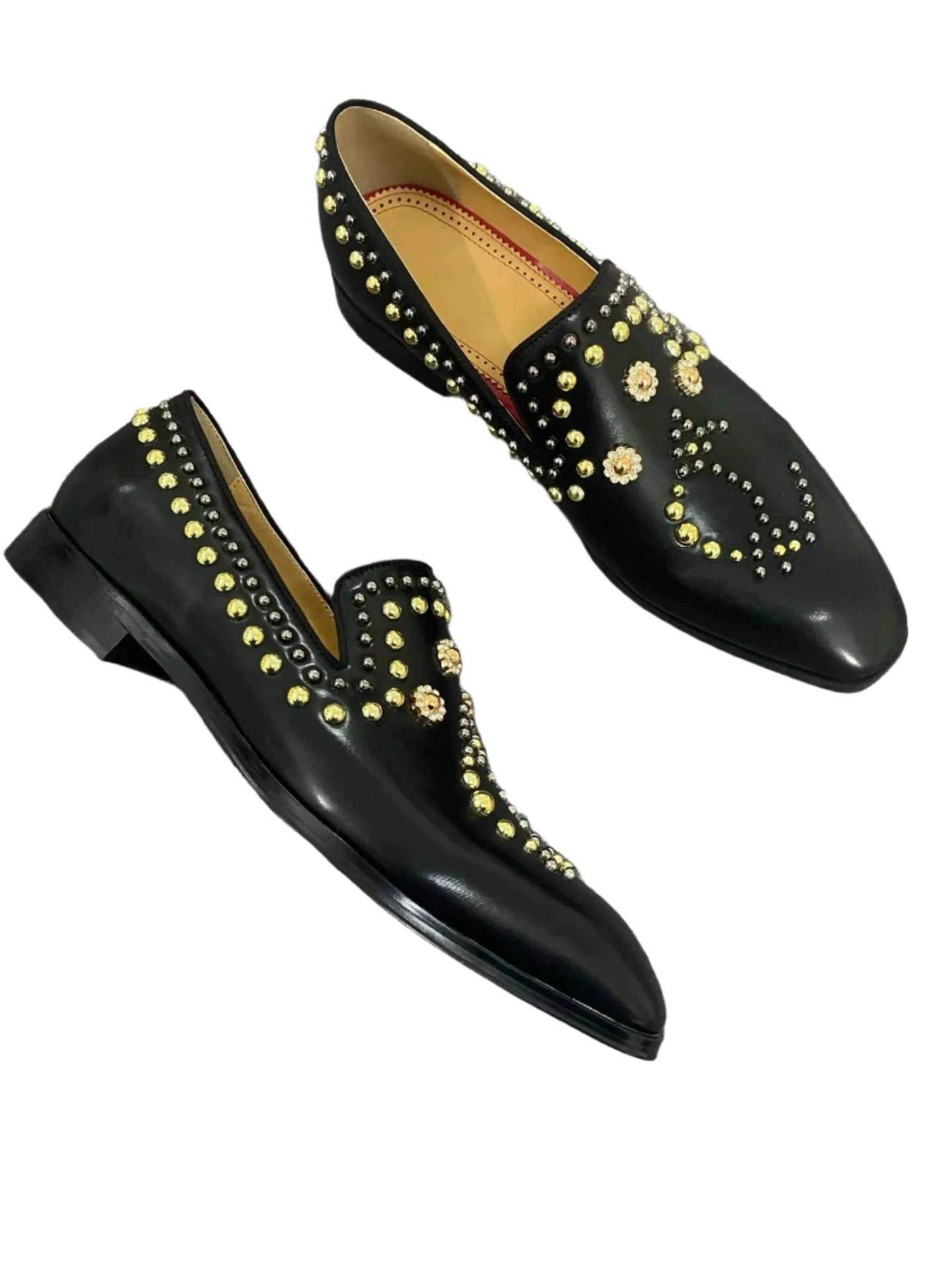 British Style Men's Designer Slip-On Loafers - Pointed Toe Rhinestone Rivet Flat Shoes for Wedding & Party Lug Sole Platform Loafers