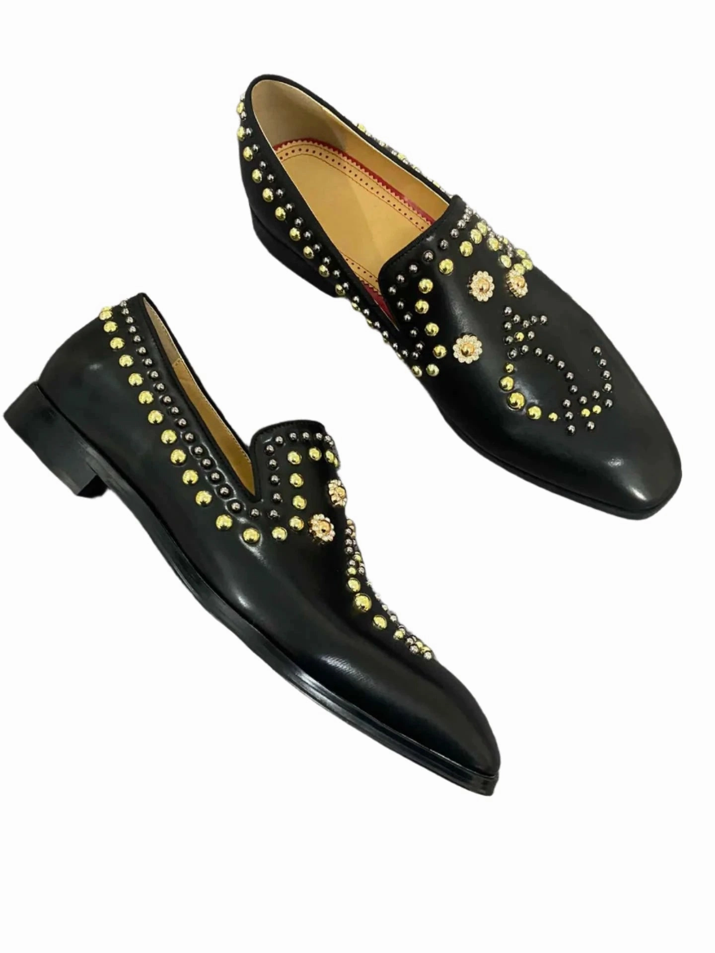 British Style Men's Designer Slip-On Loafers - Pointed Toe Rhinestone Rivet Flat Shoes for Wedding & Party Business Casual Penny Loafers