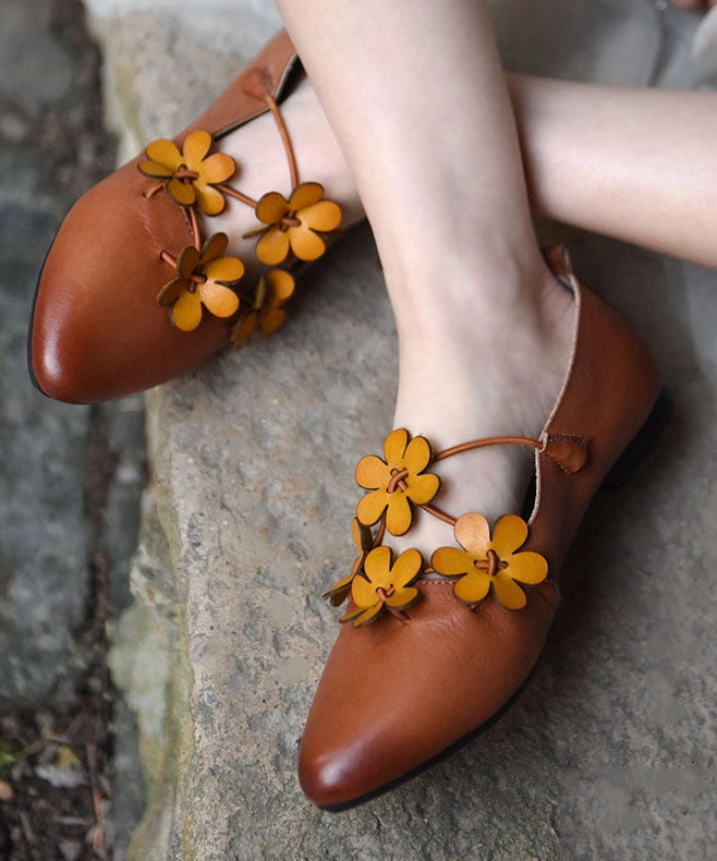 Brown Flat Shoes For Women Cowhide Leather Splicing Floral Pointed Toe Cute Flat Winter Shoes