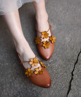 Brown Flat Shoes For Women Cowhide Leather Splicing Floral Pointed Toe Flat Closed Toe Shoes