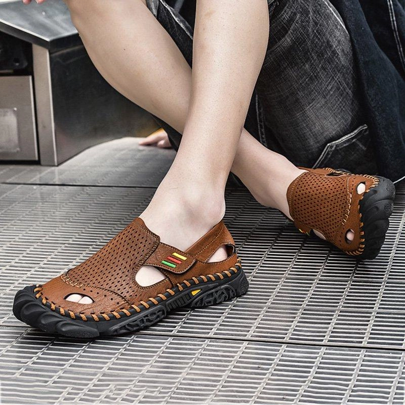 Men Summer Flat Heel Sandals Casual Cowhide Leather Shoes Flat High Shoes