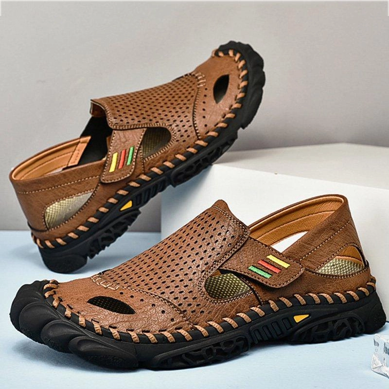 Men Summer Flat Heel Sandals Casual Cowhide Leather Shoes Flat Shoes Size 8