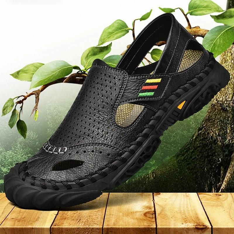 Men Summer Flat Heel Sandals Casual Cowhide Leather Shoes Marathon Shoes