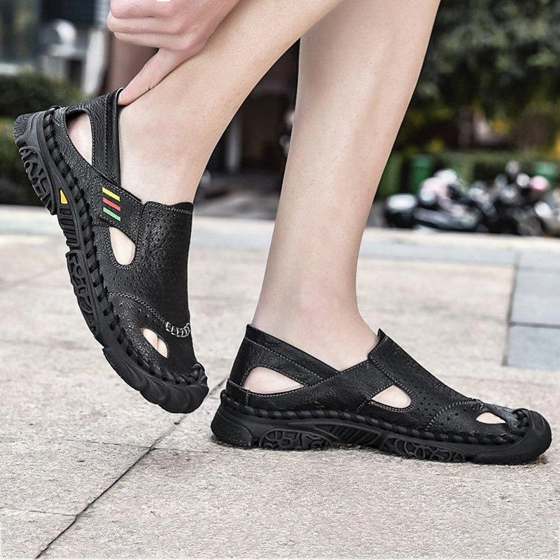 Men Summer Flat Heel Sandals Casual Cowhide Leather Shoes Flat Ballet Shoes
