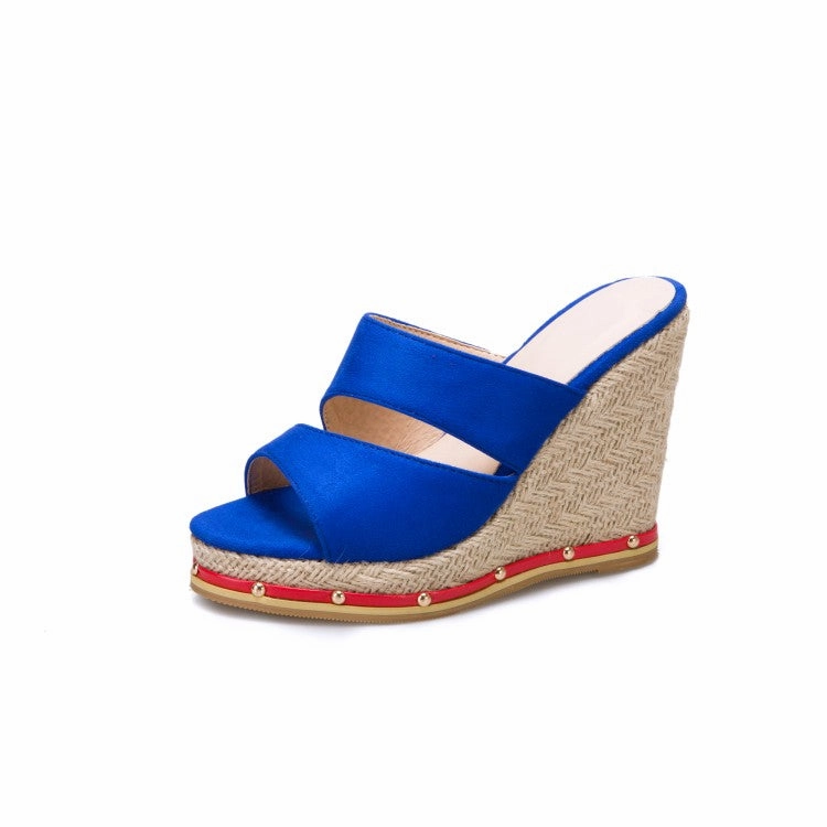Women's Solid Color Rivets Woven Wedge Heel Platform Sandals Low Wedge Sandals