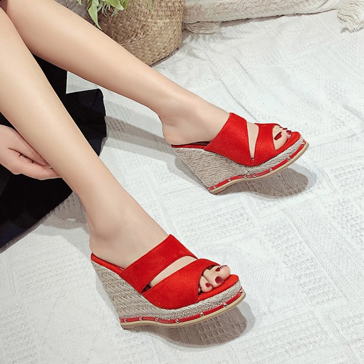Women's Solid Color Rivets Woven Wedge Heel Platform Sandals Waraji Sandals